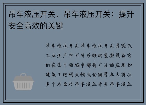 吊车液压开关、吊车液压开关：提升安全高效的关键