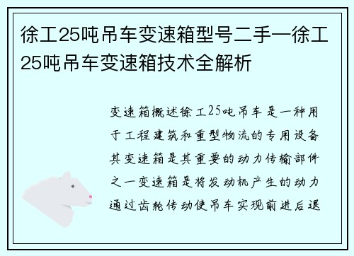 徐工25吨吊车变速箱型号二手—徐工25吨吊车变速箱技术全解析